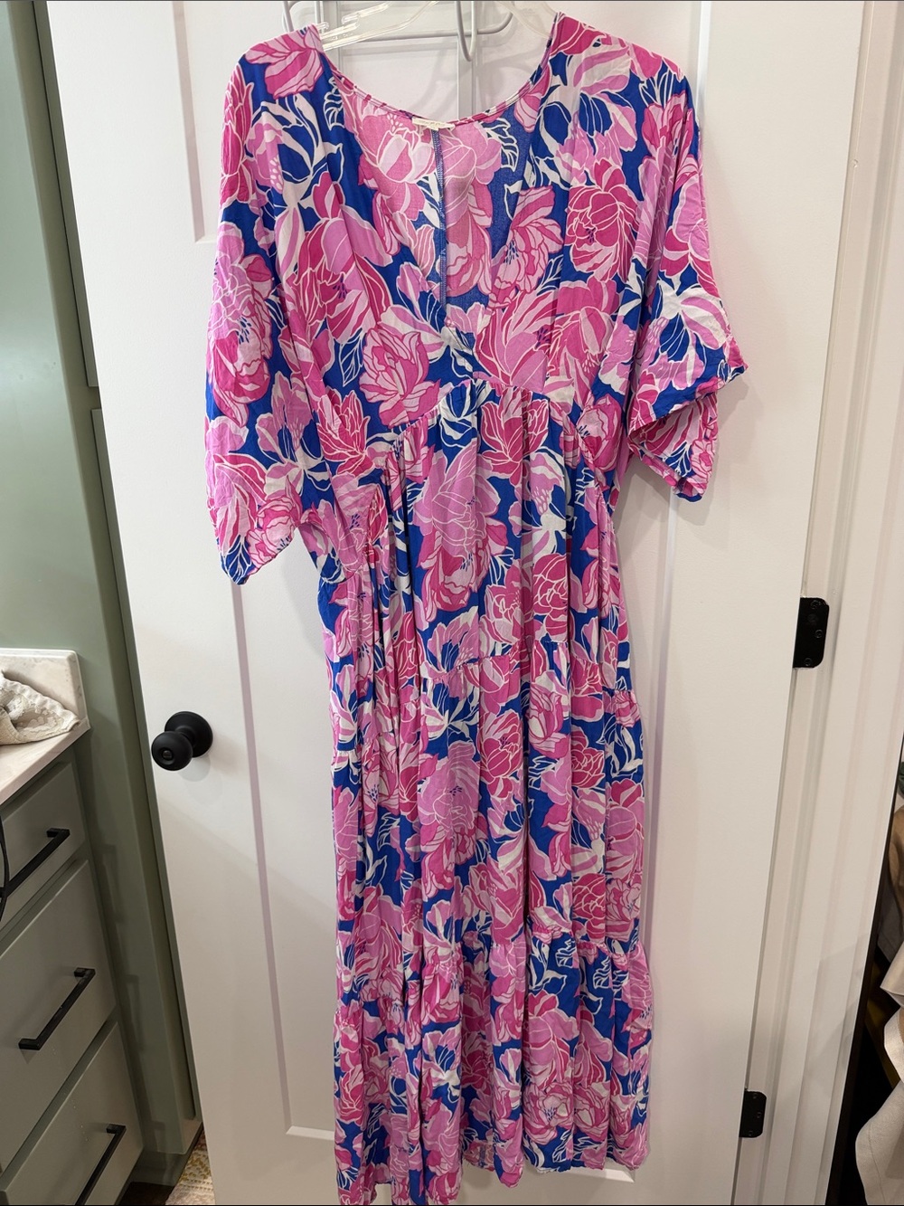 Floral Pink and Blue Maxi Dress with V-Neck